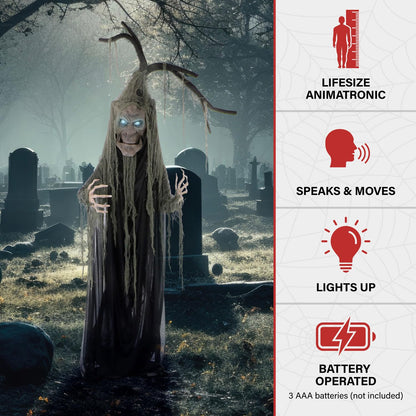 Haunted Hill Farm Life-Size Haunted Talking Tree Halloween Animatronic with Moving Mouth, Lights and Sound, Touch Activated and Battery Operated Indoor or Covered Outdoor Halloween Decorations