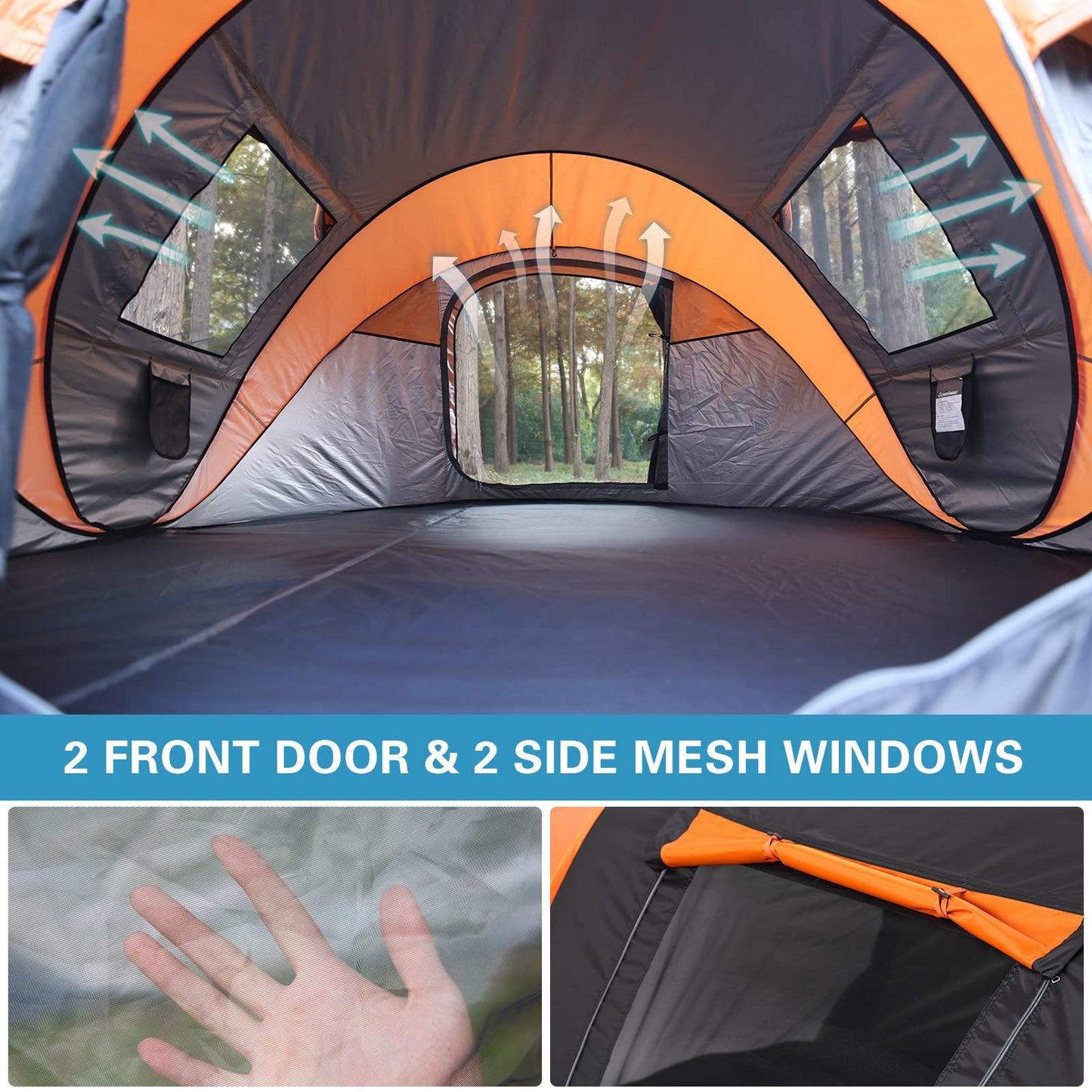 EchoSmile Camping Instant Pop Up Dome Tent, 4/6/8 Person, Water Resistant, Easy Setup for Camping Hiking and Outdoor, Portable with Carry Bag, 3 Season (Black&Orange (5-8 Person))