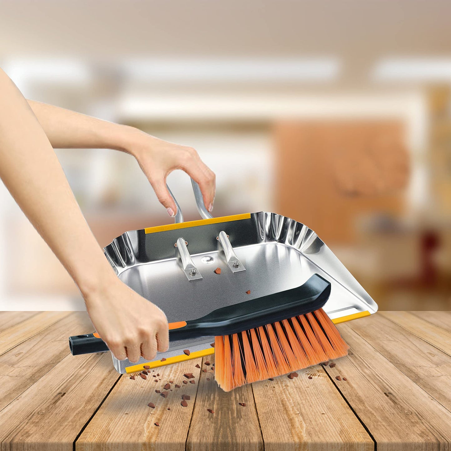 PHYEX 1-Pack 17" Heavy Duty Metal Dust Pan with Cleaning Brush Set