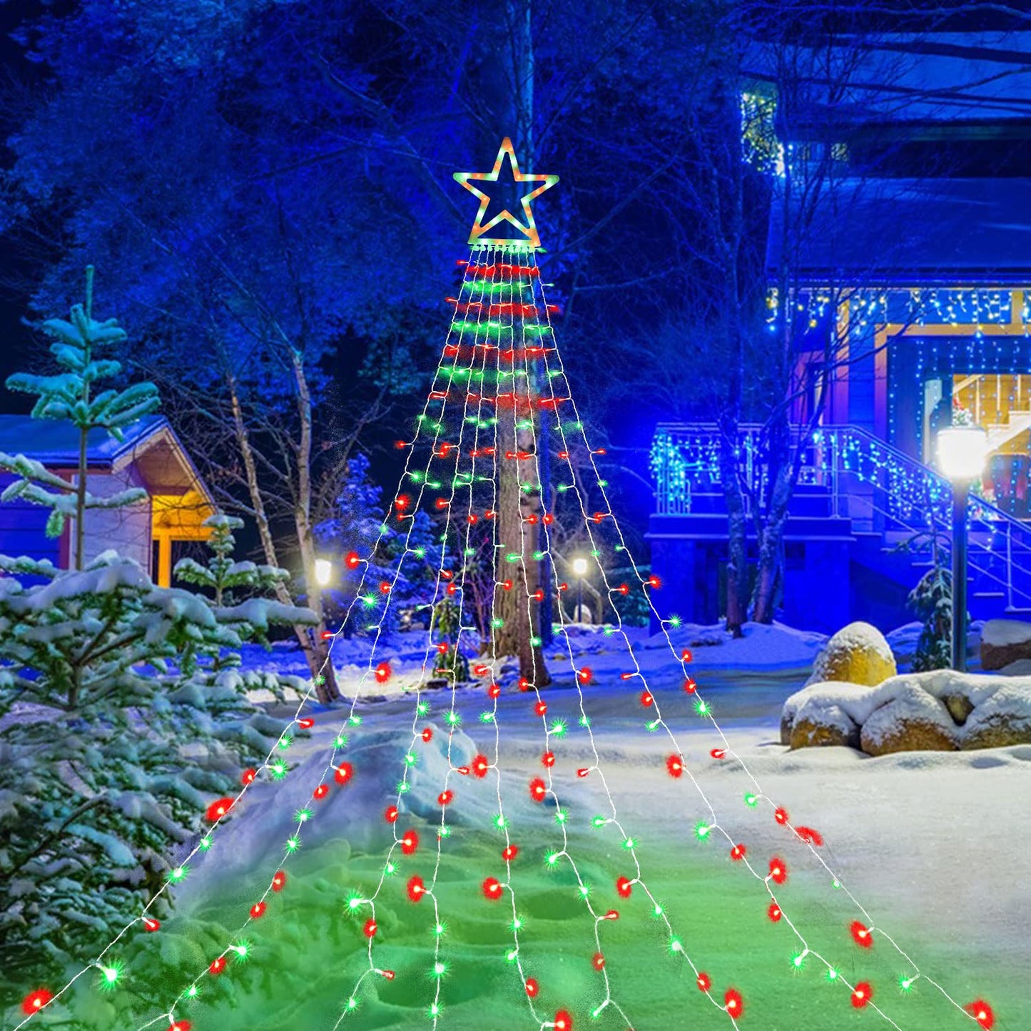 FUNIAO Christmas Decoration Lights - 320 LED Star String Lights Tree Topper with 12" Star for Yard, Garden, Wedding, Party - Red & Green