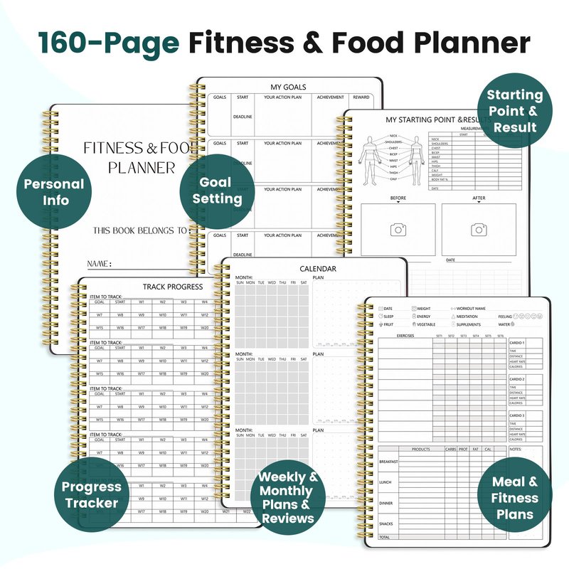 Fitness Journal for Women & Men, Food & Workout Journal Planner Log Book with Measuring Tape, Undated Wellness Planner to Track Weight Loss, Muscle Gain, Home Gym Exercise, Daily Nutrition, 9.5" x 7"