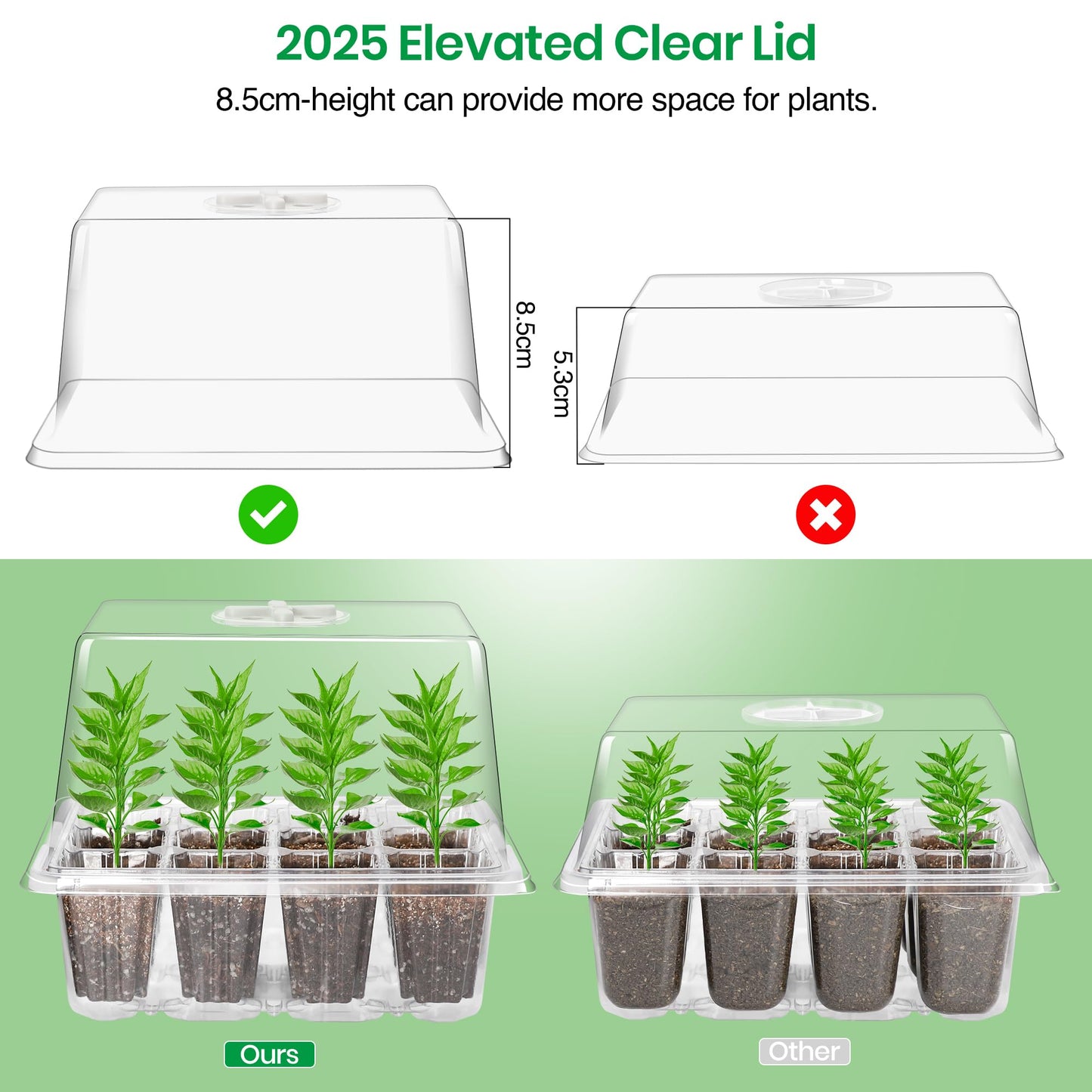 Bonviee 5 Packs Seed Starter Tray with Grow Light, Elevated Seedling Starter Trays Kits with Adjustable Humidity Domes and Clear Cell Tray, 12 Full Spectrum led lamp Beads for Plants Indoor-Clear