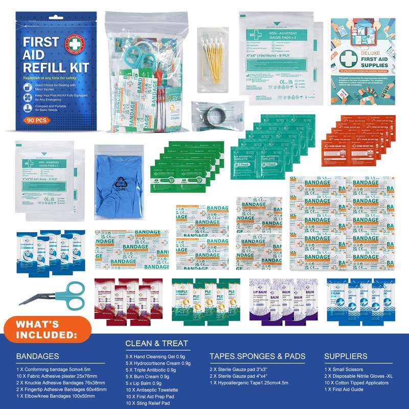 SuccorWare 90 Pieces First Aid Refill Kit - Wound Care Kit Includes Bandages for Home, Travel, Hiking - Portable Replacement Kit for First Aid Medical Supplies（1 Set）