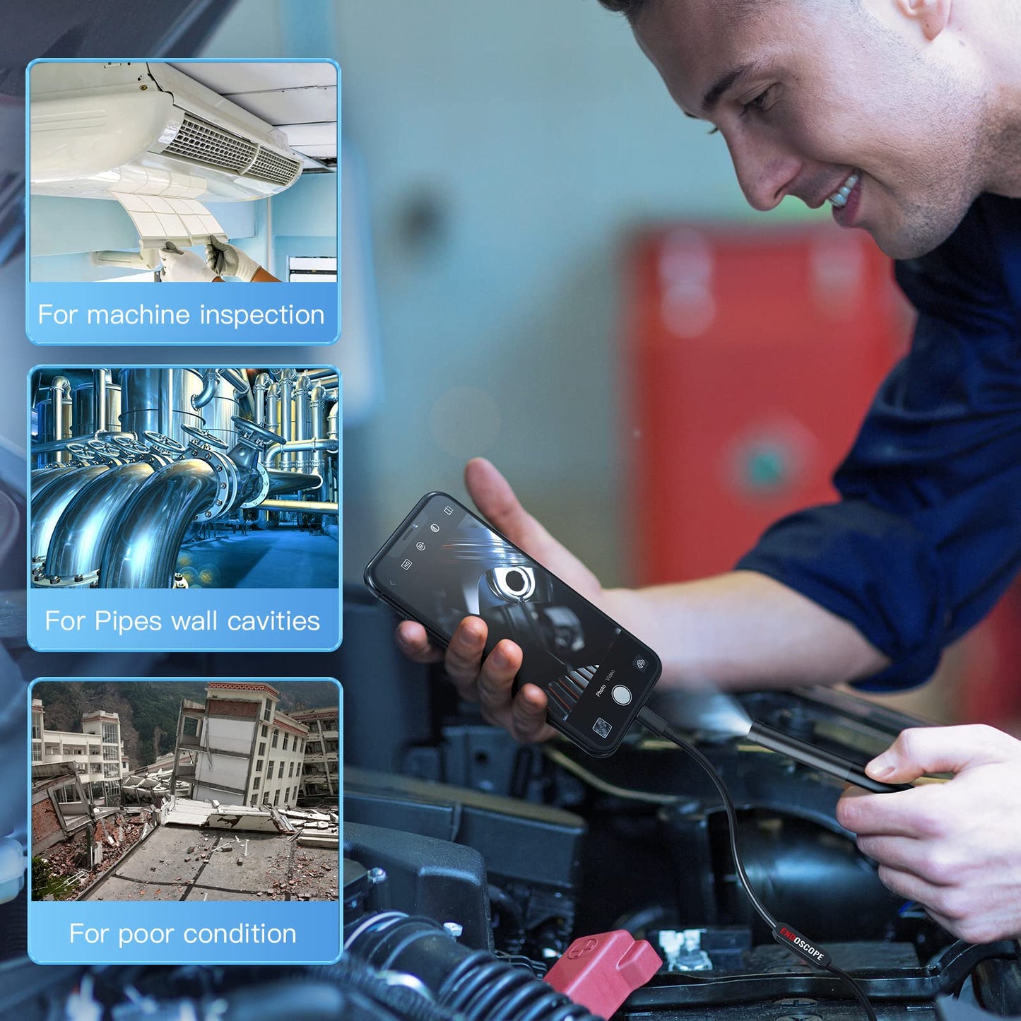 Endoscope Camera with Light, Borescope with 6 LED Lights,Endoscope with 9.8ft Semi-Rigid Snake Camera,IP67 Waterproof Inspection Borescope Camera with Light for Android iPhone iPad, Tools for Men