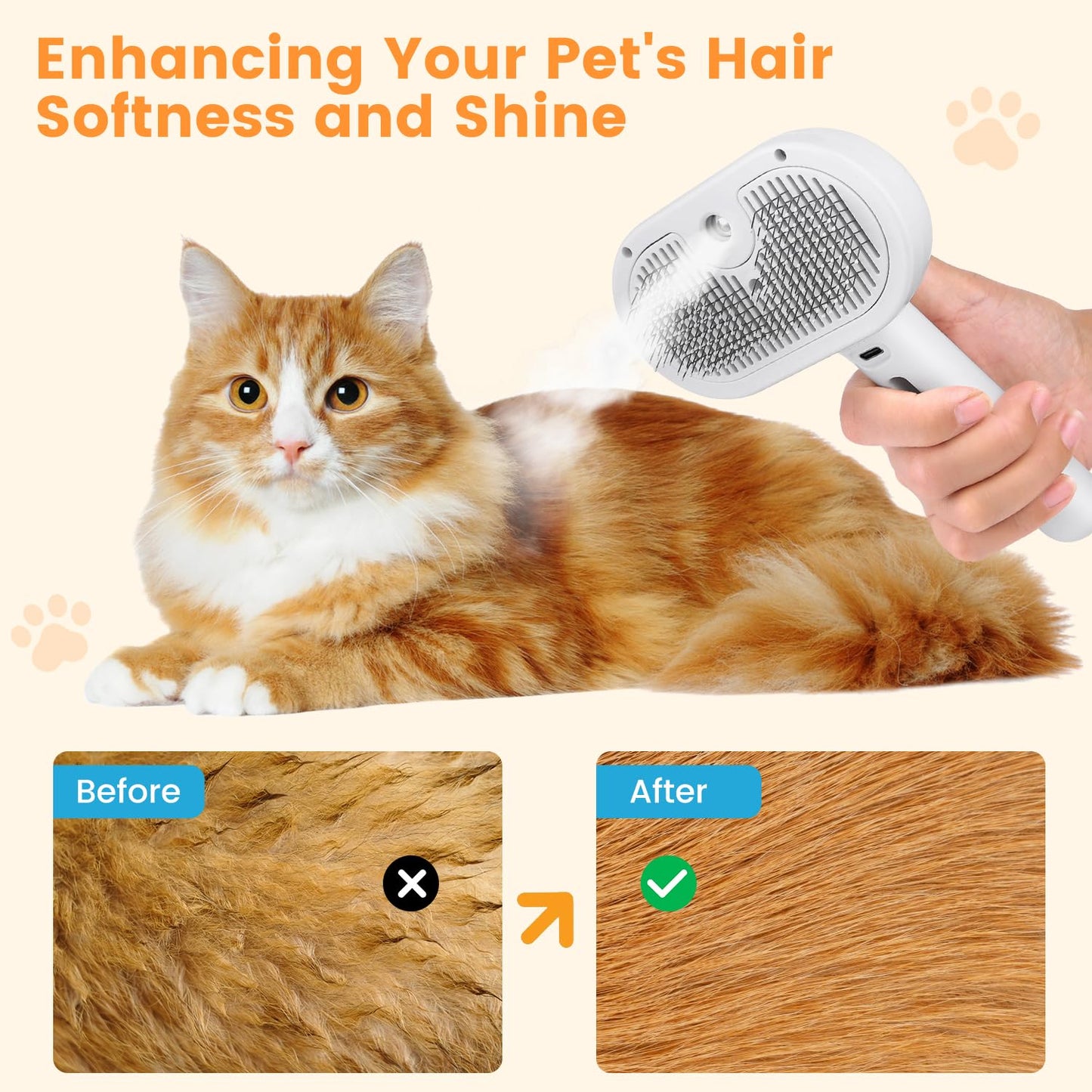 3 in 1 Cat Steam Brush, Pet Steam Brush for Cat Dog Long Short Haired, Pet Spray Hair Removal Comb for Small Animals Shedding & Grooming, Water Mist Spray Brushes with Release Button(White)