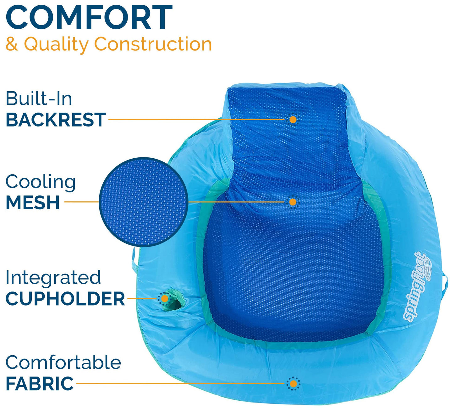 SwimWays Spring Float SunSeat Pool Lounge Chair, Inflatable Pool Floats Adult with Fast Inflation & Back Rest for Ages 15 & Up, Blue