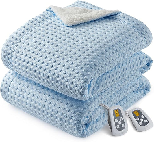 CAROMIO Heated Blanket Queen Size with LCD Dual Controller, Waffle Weave Fast Heating Electric Blankets, 10 Heat Levels & 1-12H Time Settings, ETL Certified, Machine Washable, Light Blue, 84" x 90"