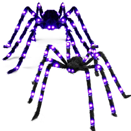 JOYIN 2 Pack 5 Ft Halloween Light Up Spiders Outdoor Decorations, Scary Giant Spider with Purple LED, Fake Large Haunted House Props, for Halloween Lawn Porch Yard Garden Tree Outside Indoor Decor