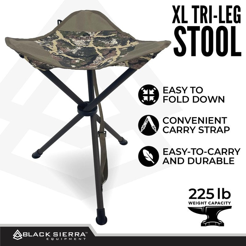 Black Sierra Folding Hunting Stool with Shoulder Strap, Lightweight Collapsible Tripod Seat, Steel Frame Supports 225 lbs, Portable Foldable Chair for Hunting Blind, Fishing, Hiking, Travel
