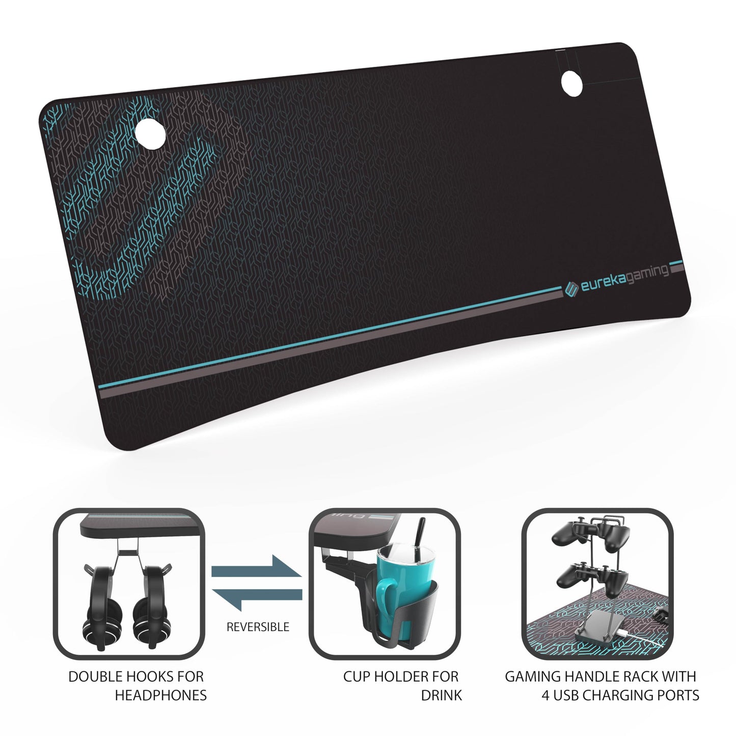 EUREKA ERGONOMIC 60 Inch Gaming Desk with Full Mouse Pad, Large Home Office Curved Computer Desk for 3 Monitors with Cup Holder, Headphone Hook and Handle Rack with USB Charging Ports for Gamer, Black