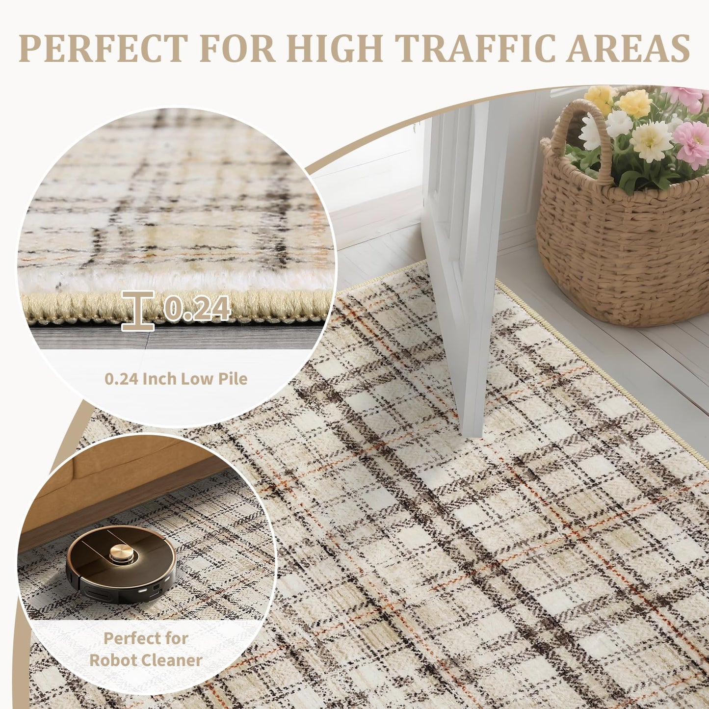 Garvee Washable 8x10 Area Rug for Living Room Non Slip Soft Bedroom Rugs Tartan Plaid Area Rug Non Shedding Low Pile Stain Resistant Carpet for Nursery Dining Room Playroom Office, Beige