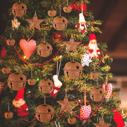 Dilunave 140 Pieces Rustic Christmas Bell Set, Includes 100 Small Rustic Jingle 20 Star Cutout Bells 20 Metal Star Hanging Ornament for Christmas Tree Home Decor DIY Craft(Rusty)