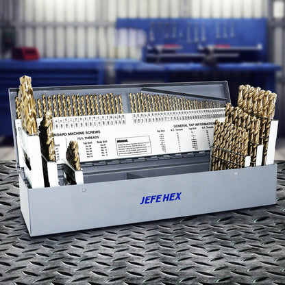JEFE HEX 115 Pcs Cobalt Drill Bit Set, All M35 HSS Drill Bit Sets, 135° Split Point, Fractional Sizes 1/16" to 1/2", Letters A-Z, Wire Sizes #1 to #60, Durable Metal Indexed Storage Case