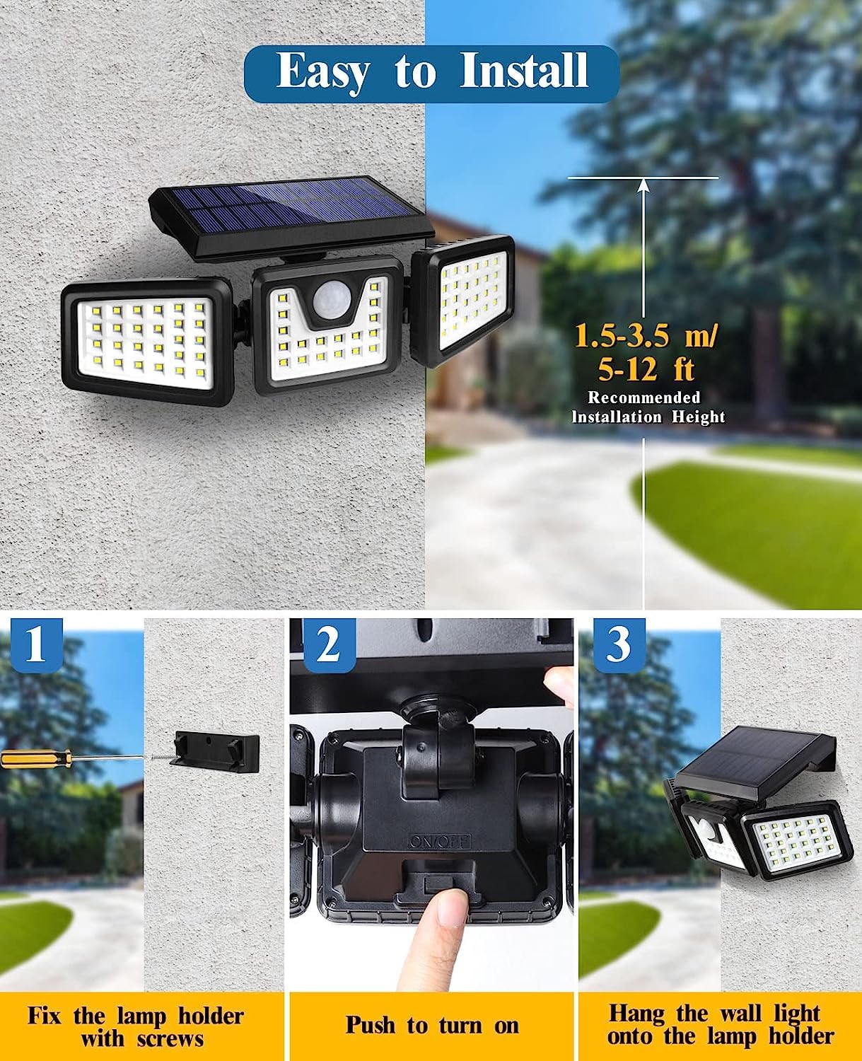 KIBTOY Solar Sensor Outdoor Bright Light Easy to Install, Security Light with 360° Wide Lighting Angle IP65 Waterproof for Front Door,Pathway,Yard,Garage