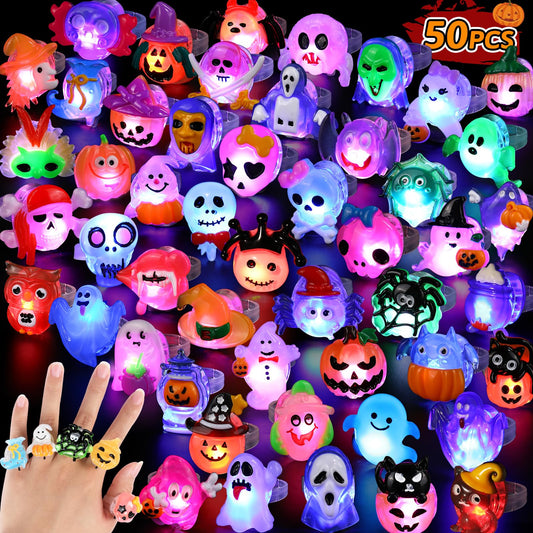 50pcs 3D Halloween Treats Toys Bulk Light Up Rings Gifts Halloween Party Favors for Kids Flashing LED Glow In The Dark Party Supplies Goodie Bag Fillers Stuffers Non Candy Treats Prizes Decorations