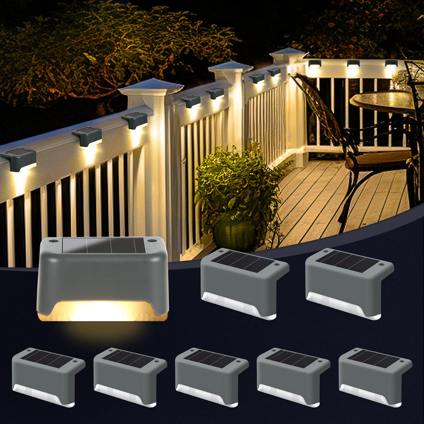 GIGALUMI Solar Fence Lights Outdoor Garden, 8 Pack Solar Step Lights, Waterproof Deck Decorative Lighting for Stairs, Yard, Patio, Gutter, Garden, Pathway Decoration (Grey, Warm White)