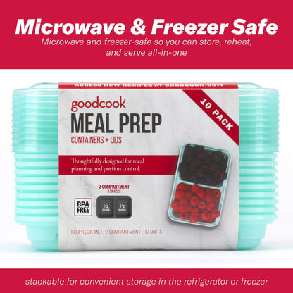 GoodCook Meal Prep Rectangle Snack Containers, 10 Pack, Light Blue, BPA-Free, Reusable 3-Compartment, Portable Snack Box, Microwave & Freezer Safe, with Lids for Portion Control