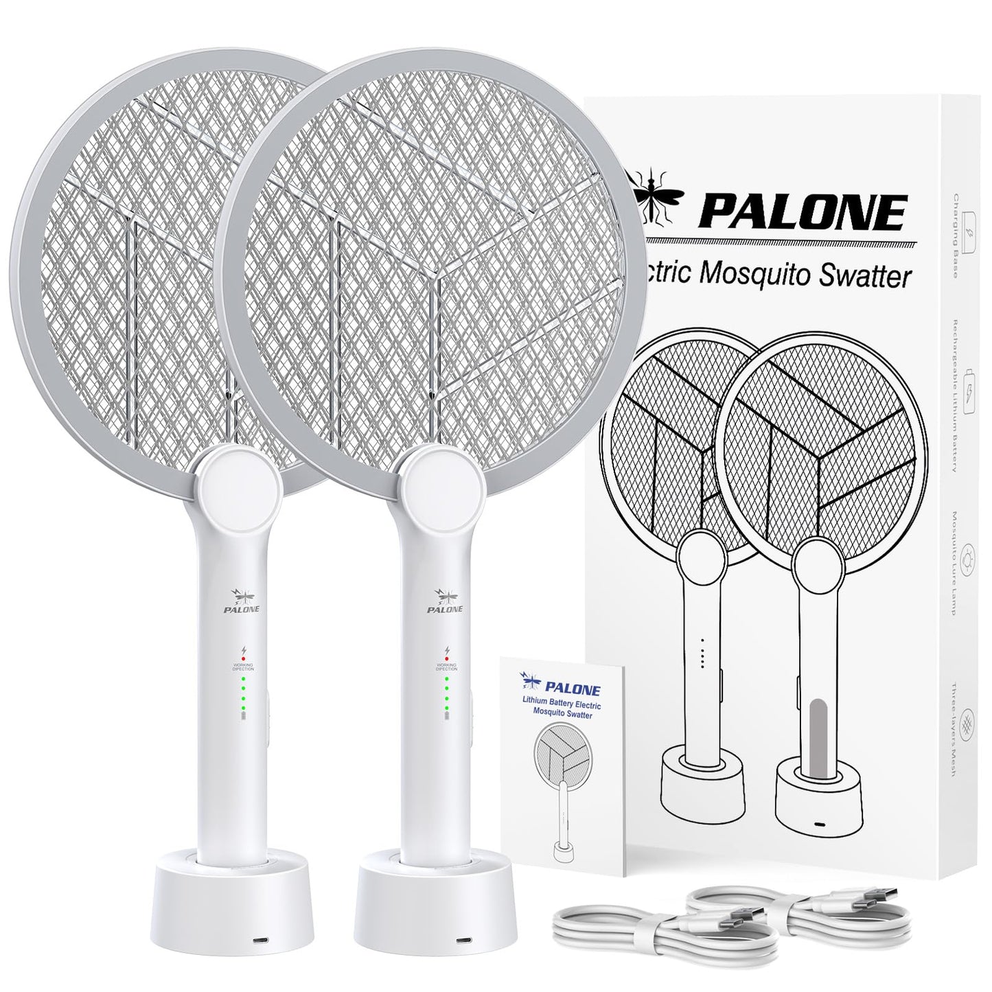 Electric Fly Swatter, 4000V Bug Zapper Racket, 2 in 1 Indoor Outdoor Mosquito Killer with 3-Layer Safety Mesh, Fly Zapper Racket with USB Rechargeable Base for Pest Insect Control 2 Pack