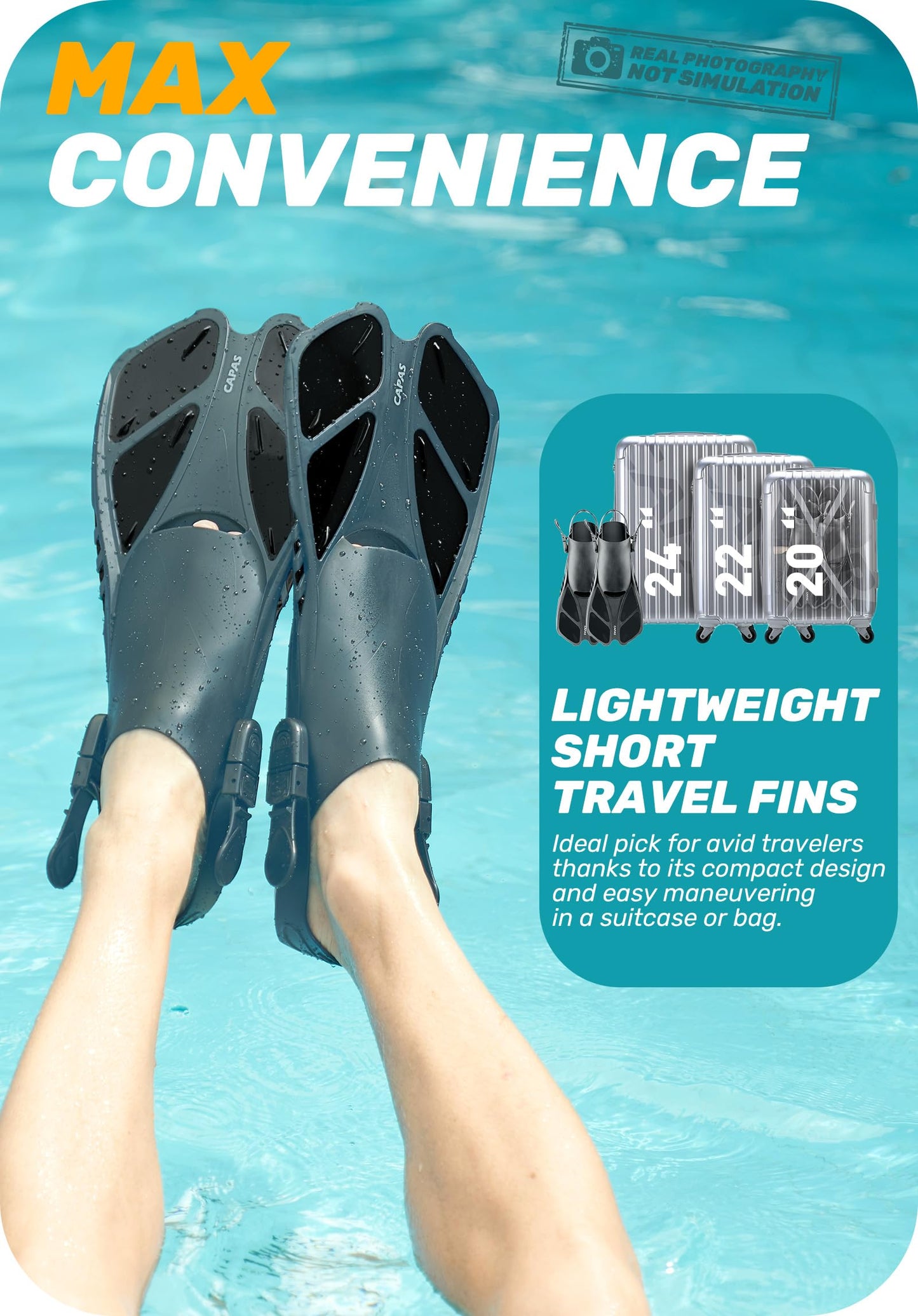 CAPAS Snorkel Fins, Swim Fins Travel Size Short Adjustable for Snorkeling Diving Adult Men Women Kids Open Heel Swimming Flippers