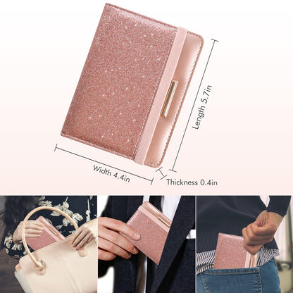 Caweet Passport Holder and Vaccine Card Holder Combo RFID Blocking Leather Vaccination Card Wallet with Elastic Band Closure, Glitter Rose Gold