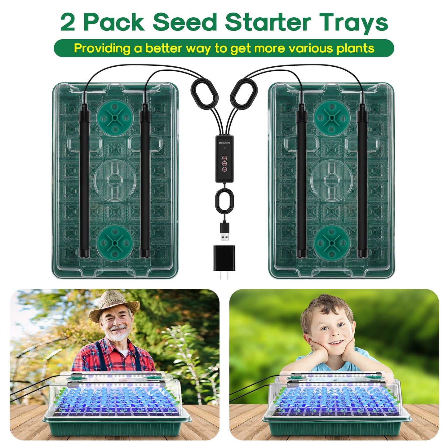 BlumWay Seed Starter Tray with Grow Light,2 Pack 80 Cells Seedling Tray Kit with Humidity Dome/Indoor Plant Starter Kit, Adjustable Brightness Plant Germination Trays