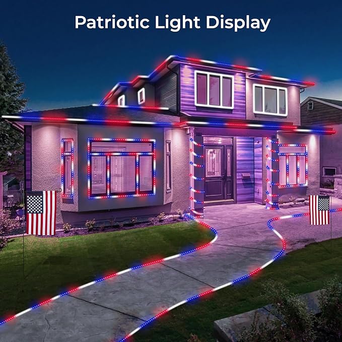 WYZworks 1116LEDs 100ft LED USA Patriotic American Red White Blue Outside Rope Lights, Outdoor ETL Certified Waterproof Permanent 360 Degree Light, Flexible Tube, Connectable, Palm Tree Exterior