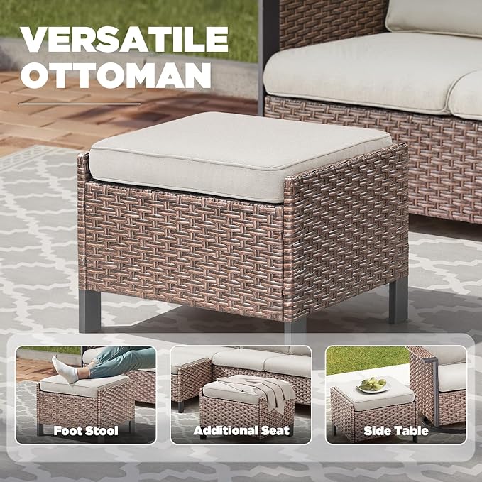 Outdoor Patio Furniture Set -7 Pieces All-Weather Wicker Swivel Patio Chairs Rattan 3 Seater Sofa with 2 Ottomans, Wicker Sofa Outdoor Furniture for Garden Porch Deck Backyard Brown/Beige