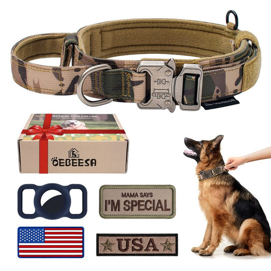 OEBEESA Tactical Dog Collar Adjustable Military Collar: - Nylon K9 Collars with Handle and Heavy Duty Metal Buckle for Medium and Large Dogs with 3 Patches and Airtag Case Holder (XL, Camo)