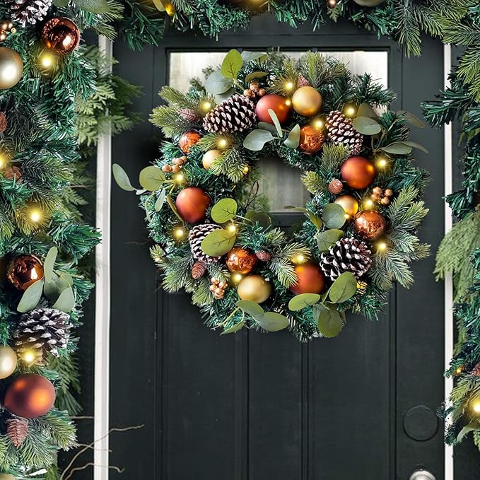 WANNA-CUL Pre-Lit 20 Inch Lighted Christmas Wreath for Front Door Decoration with Copper Gold Christmas Ball Ornaments,Battery Operated 30 LED Lights