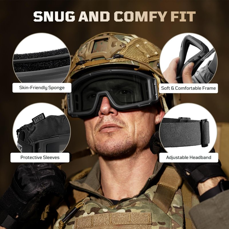 1TG Tactical Airsoft Goggles Anti Fog, Tactical Safety Glasses Eyewear with 3 Impact Lenses for Shooting Paintball Ski Riding