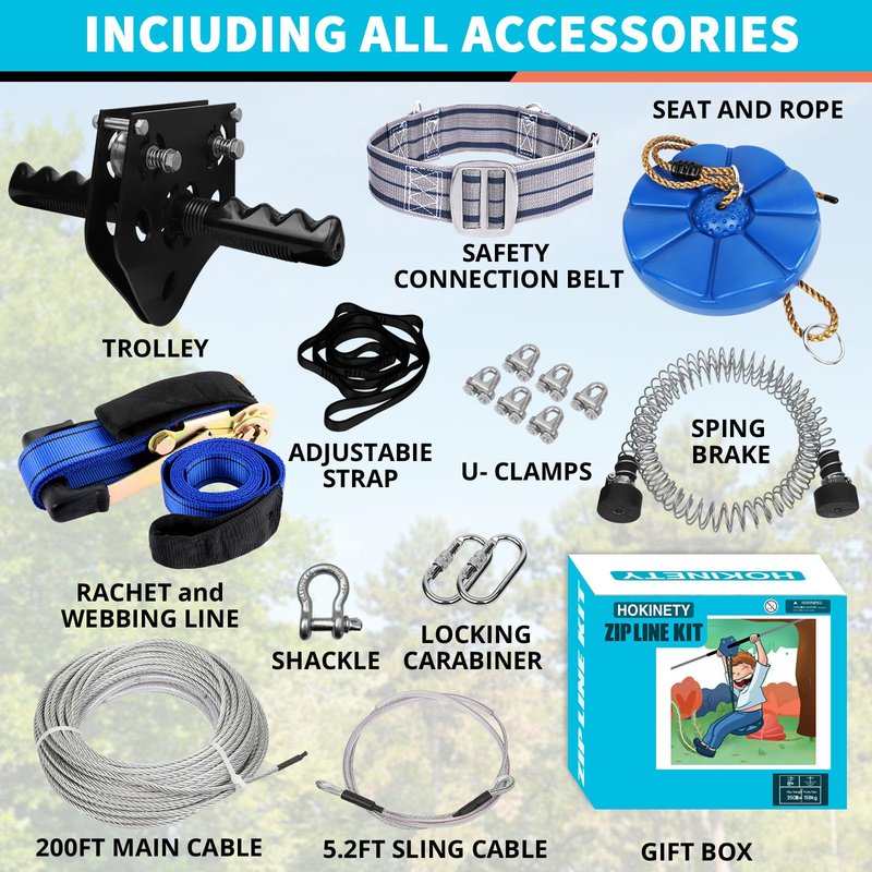HOKINETY Zip Line Kit for Kids Adults : Up to 450Lbs 200FT Quick Setup Zipline for Backyard Outdoor with 100% Rust Proof Removable Trolley Swing Seat Safety Harness Spring Brake
