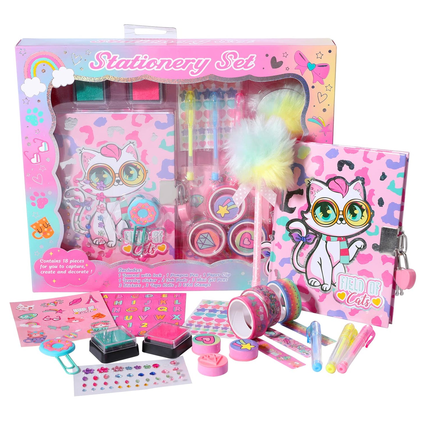 YOYTOO Cat Diary for Girls with Lock, Cat Stationery Set with Secret Diary, Stamps, Pens, Journal Notebook Birthday Christmas Gifts for Little Girls Age 5 6 7 8 9 10