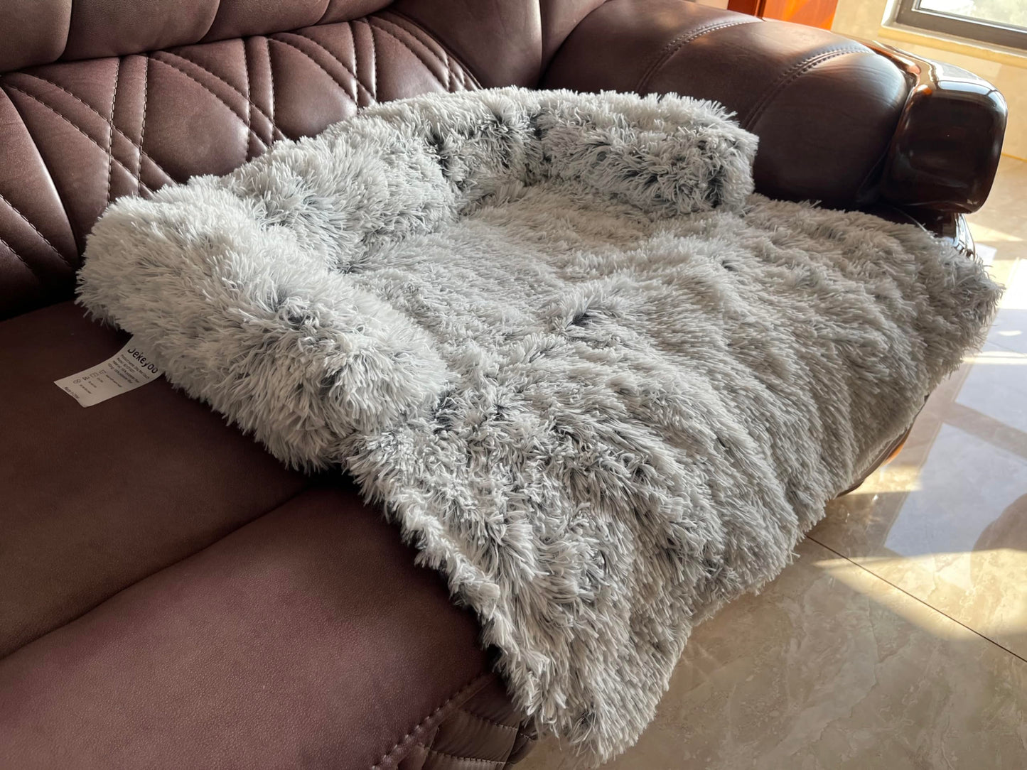 Dekeyoo Waterproof Calming Dog Bed, Pet Couch Protector Plush Dog Mat Dog Sofa, Pet Furniture Cover with Soft Neck Bolster, Machine Washable Silver Gray Large