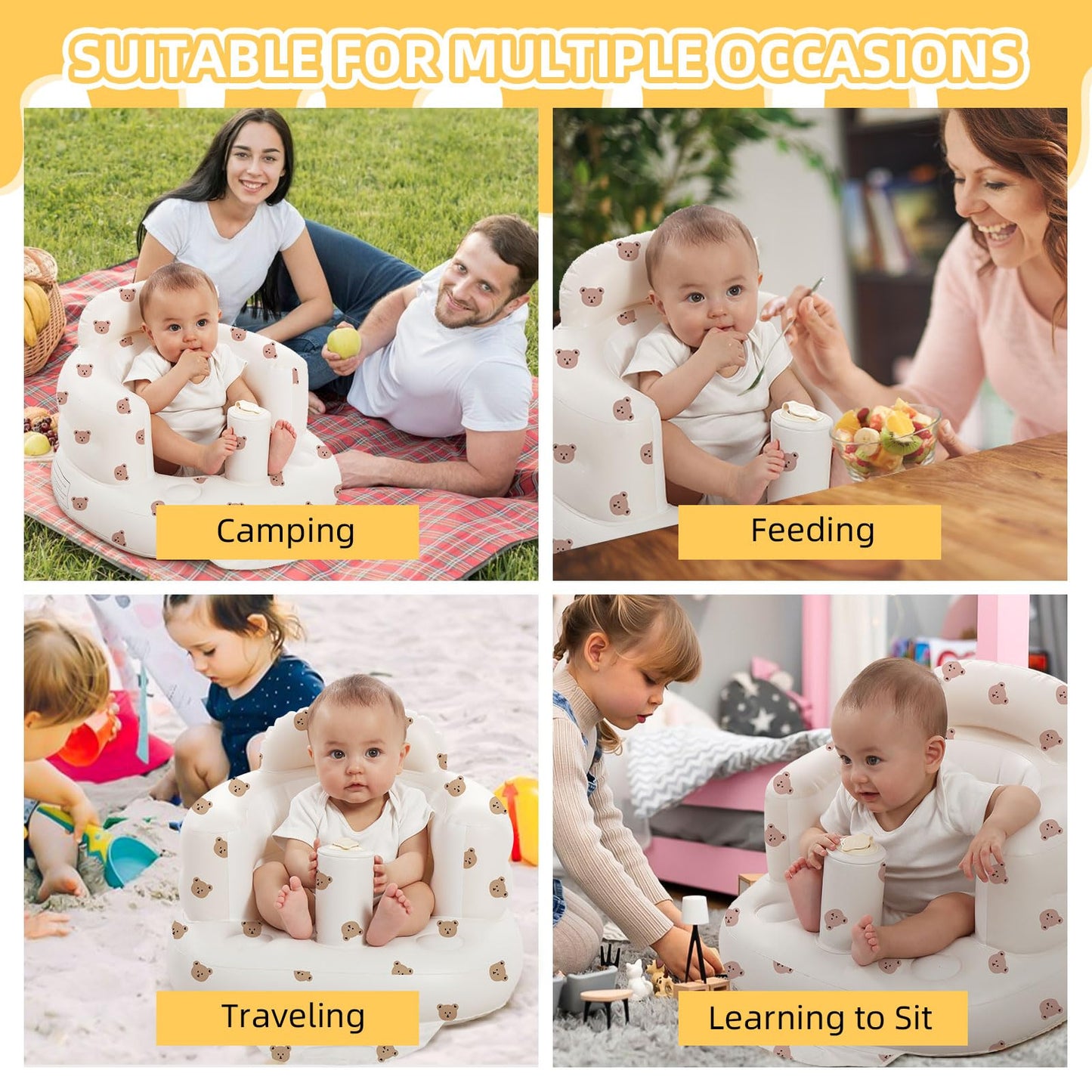 AGITVPS Inflatable Baby Seat for Babies 3-36 Months, Built in Air Pump Baby Chair Sit Me up Floor Seat for Baby, Bumbo Seat for Learning to Sit, Feeding, Camping (Bear)