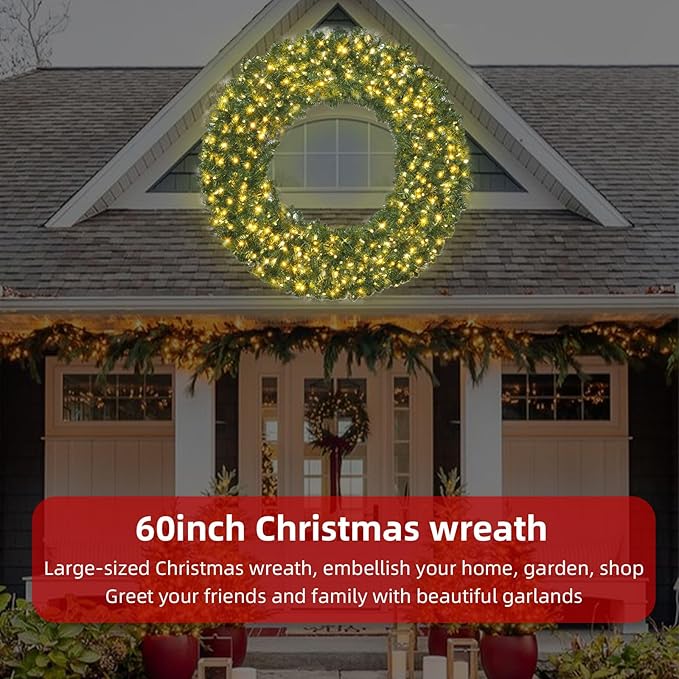 60in Large Christmas Wreath - HOYECHI Lighted Wreaths Holiday Decor, Outdoor Wreath with 300 Colorful LEDs, 930 PVC Tips, Metal Hook, 9 Functions, Timer, Power Plug-in, Remote Controls