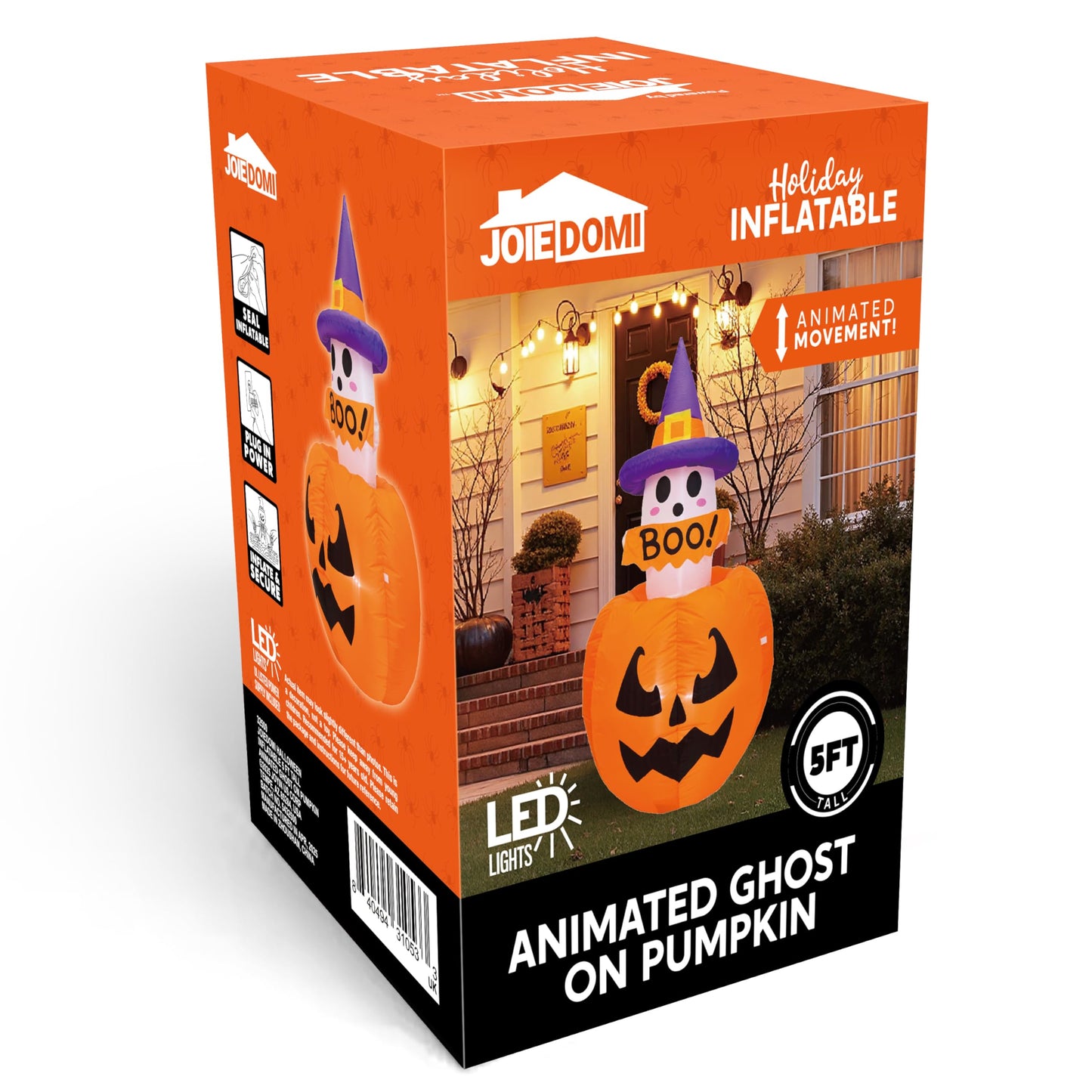 Joiedomi 5ft Tall Halloween Animated Inflatables Outdoor Decorations, Inflatable Ghost on Pumpkin with LEDs, Cute Blow Up Pumpkin Ghost Decor for Outside Yard Outdoor Lawn Garden Party Decoration