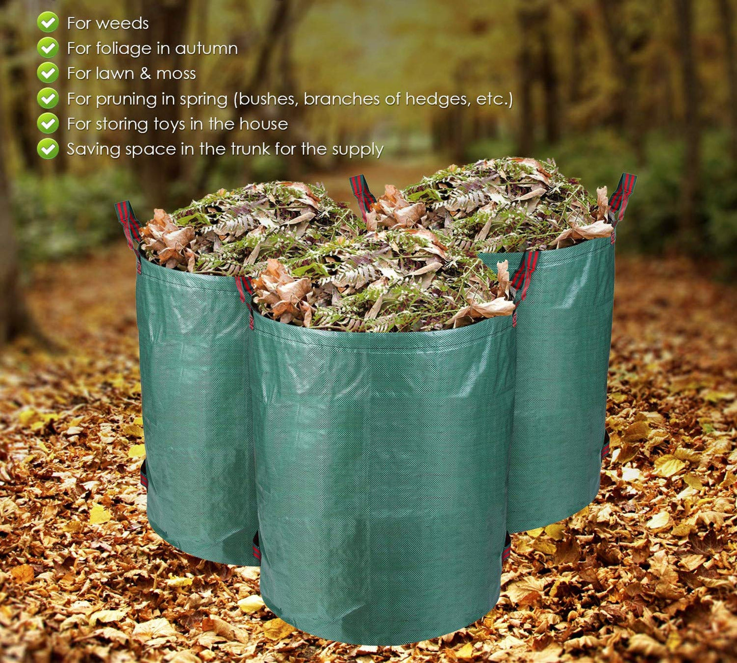3Pcs 272L Heavy Duty Large Garden Waste Bags (H76cm,D67cm)&1 Gardening Gloves,Refuse Bags Garden Rubbish Bag Reusable Garden Waste Sacks,Grass Cutting Bags Leaf Bags Gardening Bags Sacks with Handles
