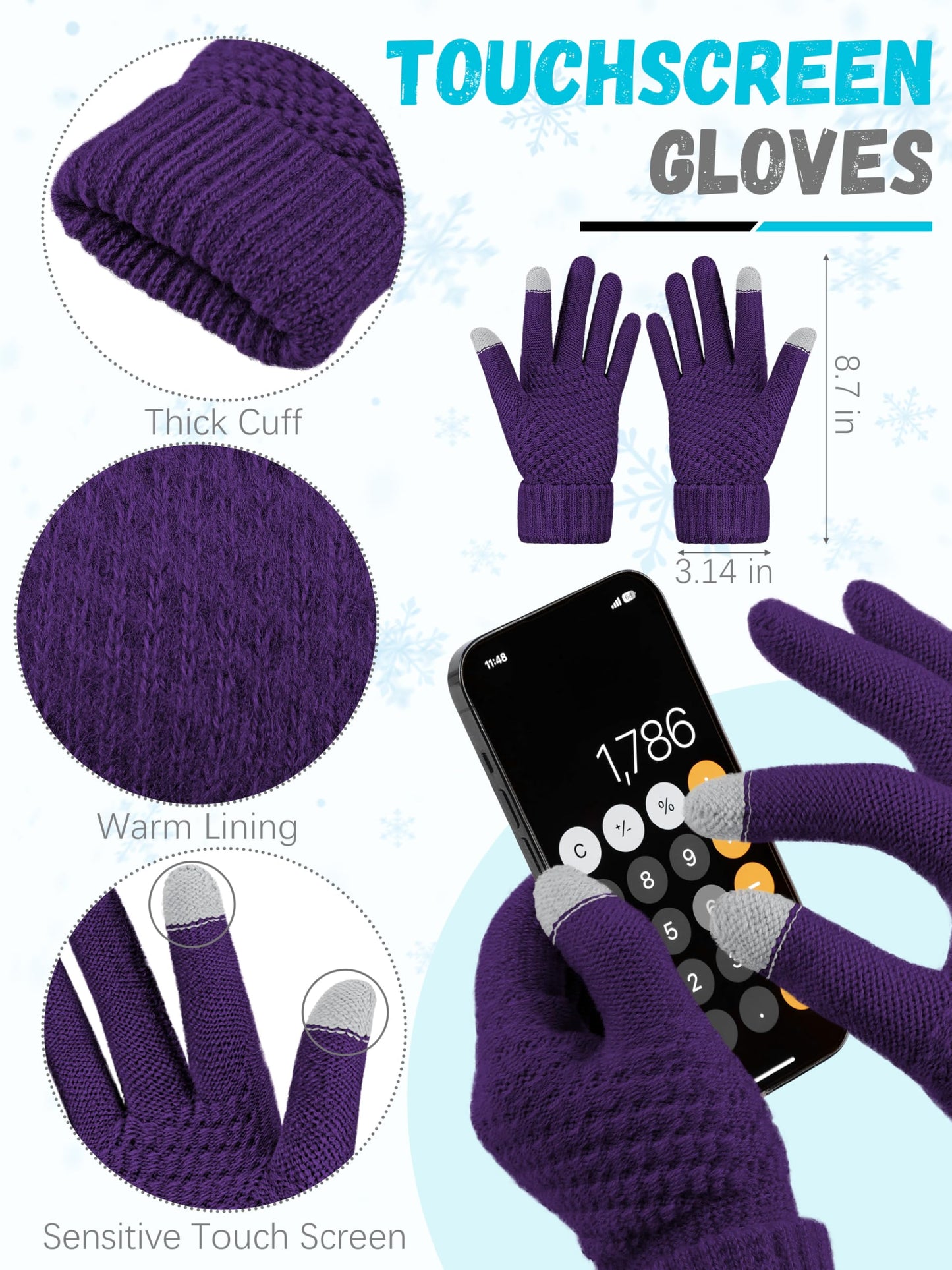 LOROME Winter Beanie Hat Scarf Gloves, Warm Fleece Knit Winter Hats Touch Screen Gloves Neck Scarf Set Winter Gifts for Women Men