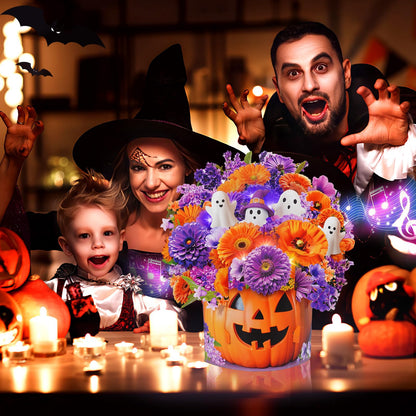 MZD8391 Halloween Cards with Music & Lights, Pop Up Halloween Decorations, Ghost & Dasiy, 10 Inch Life Sized Forever Flower Bouquet Gifts for Wife Mom Grandma Women Daughter