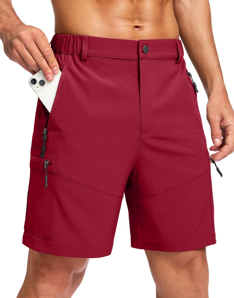 Pudolla Men's Hiking Cargo Shorts Lightweight 7" Travel Casual Shorts for Men Golf Work Outdoor with 5 Zipper Pockets(Red 3X-Large)