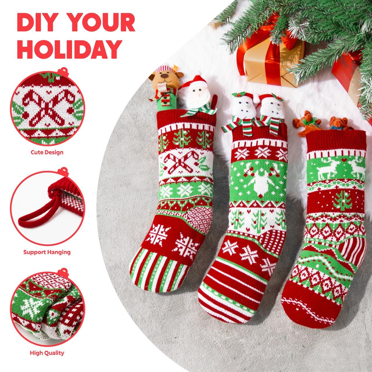 JOYIN 3 Pack 18” Christmas Stockings, Large Size Rustic Cable Knit Xmas Stocking in Red & Green, for Family Holiday Season Decorations
