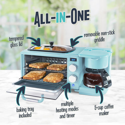 Nostalgia 3-in-1 Breakfast Station - Includes Coffee Maker, Non-Stick Griddle, and 4-Slice Toaster Oven - Versatile Breakfast Maker with Timer - Aqua