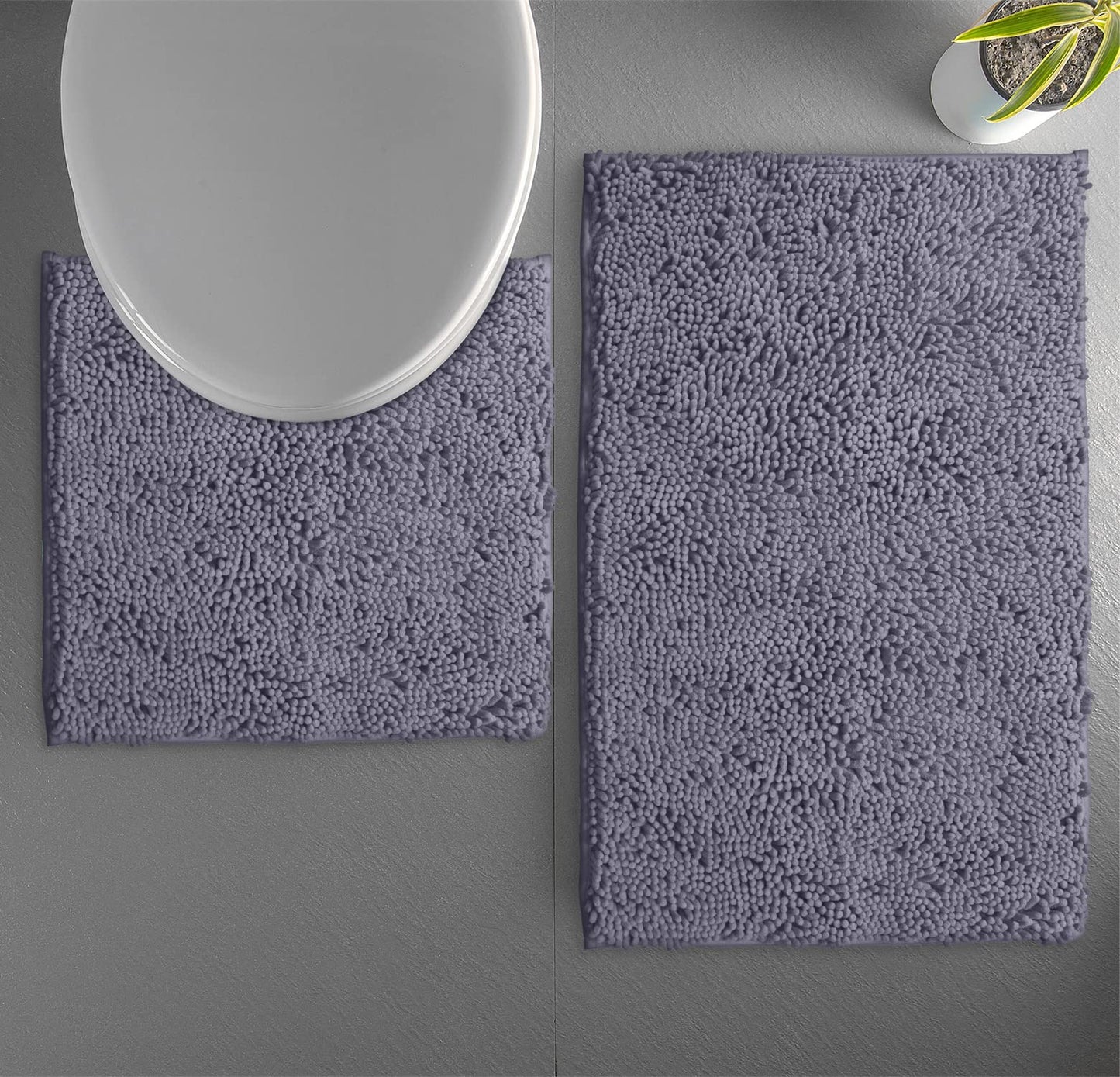 LuxUrux Bathroom Mats 2 Piece Set, Bathroom Rug Set, Soft Absorbent Chenille Bath Mat & Contour Toilet Rug, Non Slip, Quick Dry, Machine Washable Shaggy Bathroom Mats (Gray, 20"x30"+20"x20" U-Shaped)