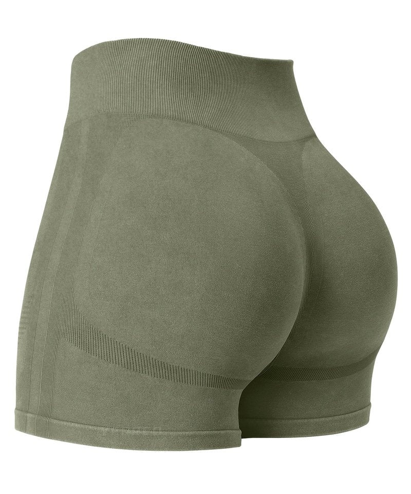 YEOREO Women Workout Biker Shorts Impact 4.5" Faux Denim No Front Seam Mid Waist Hidden Scrunch Lifting Yoga Gym Shorts Green S