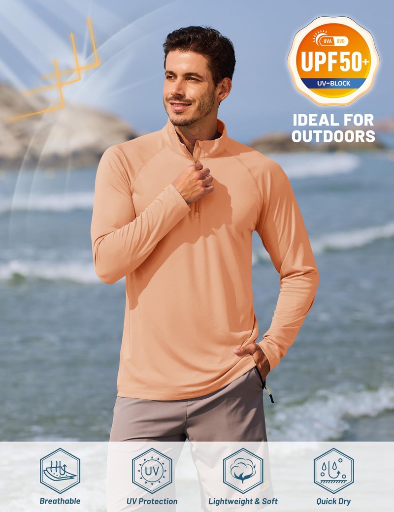 TACVASEN Long Sleeve Rash Guard 1/4 Zip Pullover Mens Workout Beach Shirts for Men UPF 50+ Sun Protection Athletic Shirts Apricot