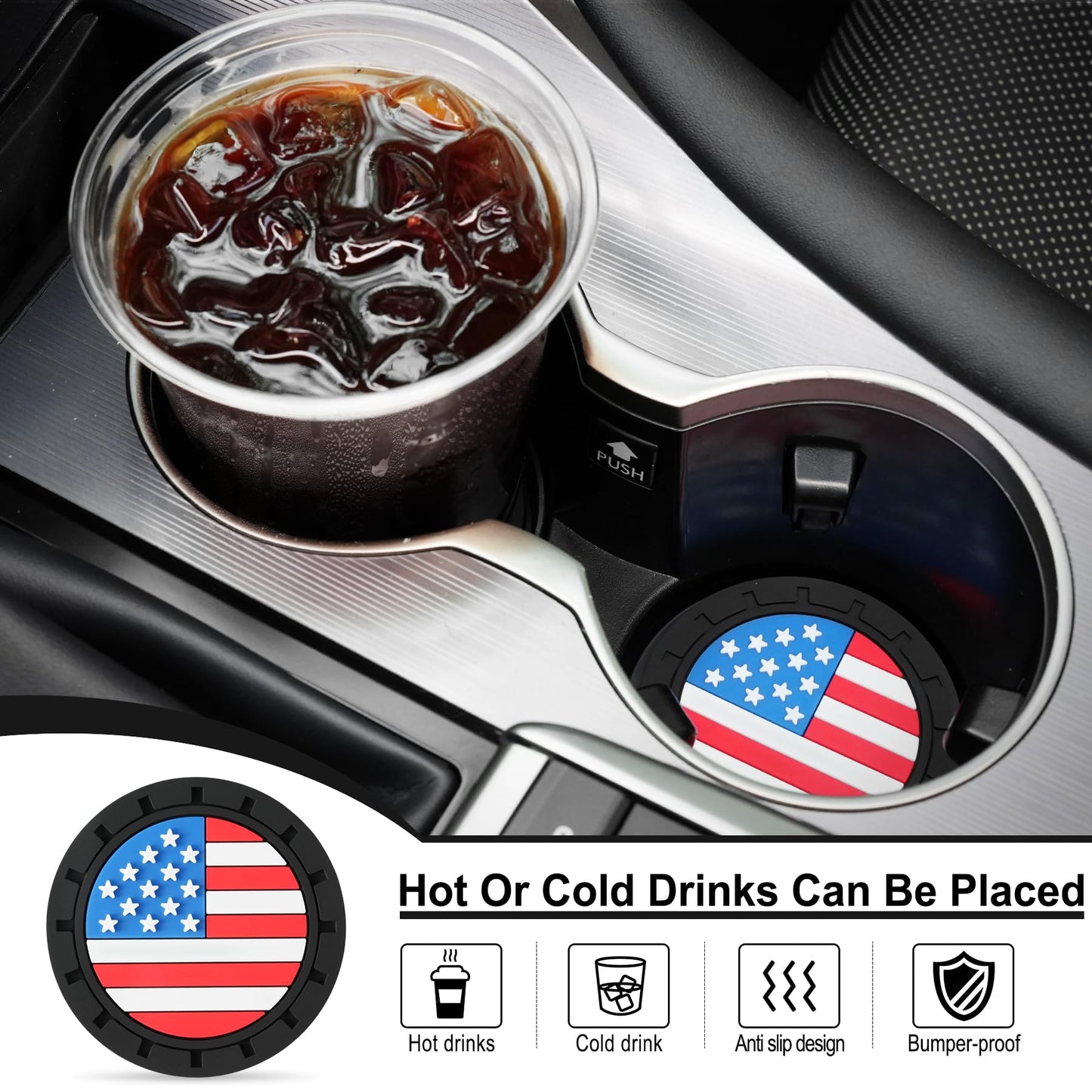 JUSTTOP Car Cup Holder Coaster,American Flag Non-Slip Insert Car Cup Coaster,Car Accessories Interior for Women and Man,4 Pack Multicolour