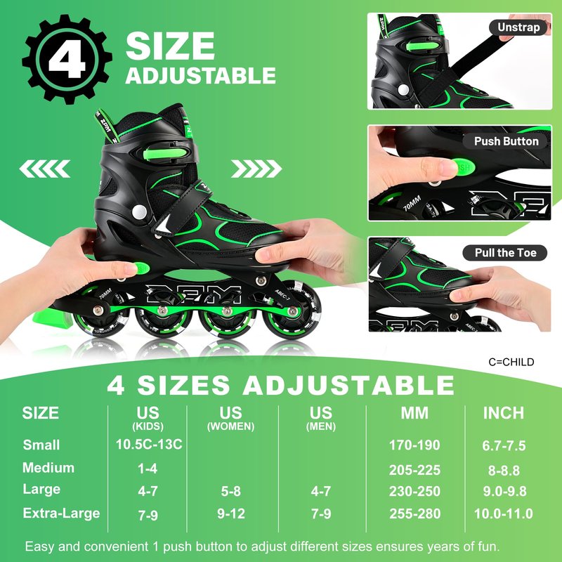 2PM SPORTS Inline Skates for Kids Girls Boys Ages 4-8 8-12 4-7 7-12 10-14 with Light Up Wheels, Adjustable Kids Roller Skates Blades for Adults Men Women Beginners Youths Green, Size Large