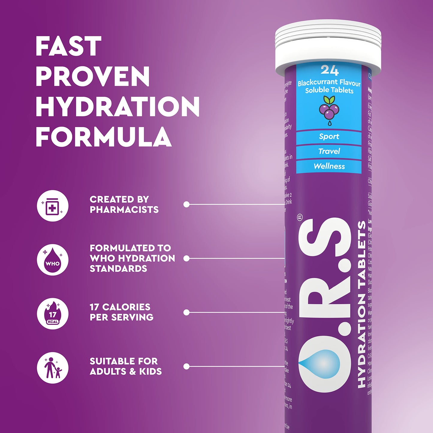 O.R.S Hydration Tablet with Electrolytes for Rehydration, Wellness, Travel, Sports & Recovery | Vegan, Gluten-Free & Low-Calorie Electrolyte Tablets with Natural Blackcurrant Flavour, 96 Tablets