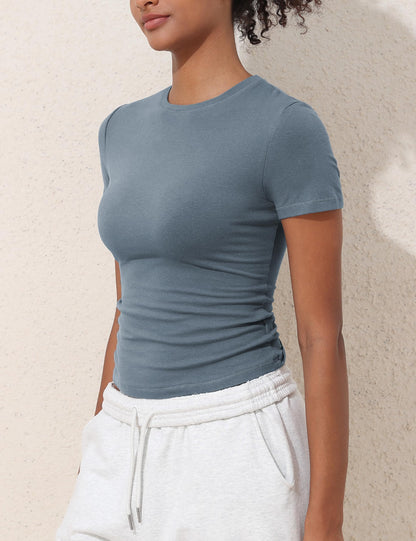 PrettyGuide Womens Short Sleeve Fitted T Shirt Crew Neck Going Out Cute Baby Tees Summer Basic Tee Kyanite L