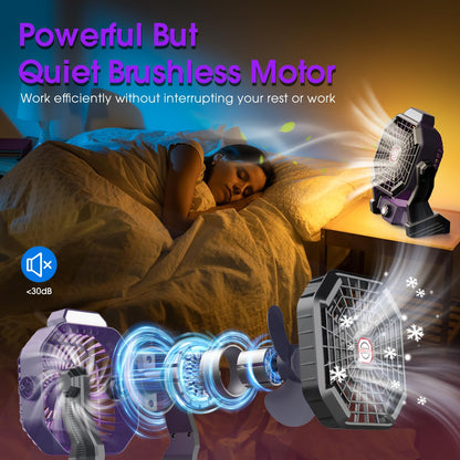 JINLICTE Camping Fan with LED Lantern, 20000 mAh 9 Inch Portable Rechargeable Battery Powered Fan with Stepless Speed and Quiet Battery Operated for Tent, Picnic, Barbecue, Fishing, Travel, Home